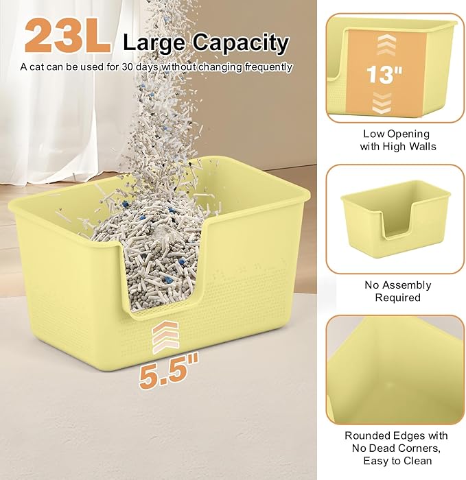 High Sided Extra Large Cat Litter Box - 24.8" L x 11.4" W x 13.0" H, XL Jumbo Kitty Litter Box for Big Cats, Tool-Free Assembly (Yellow)