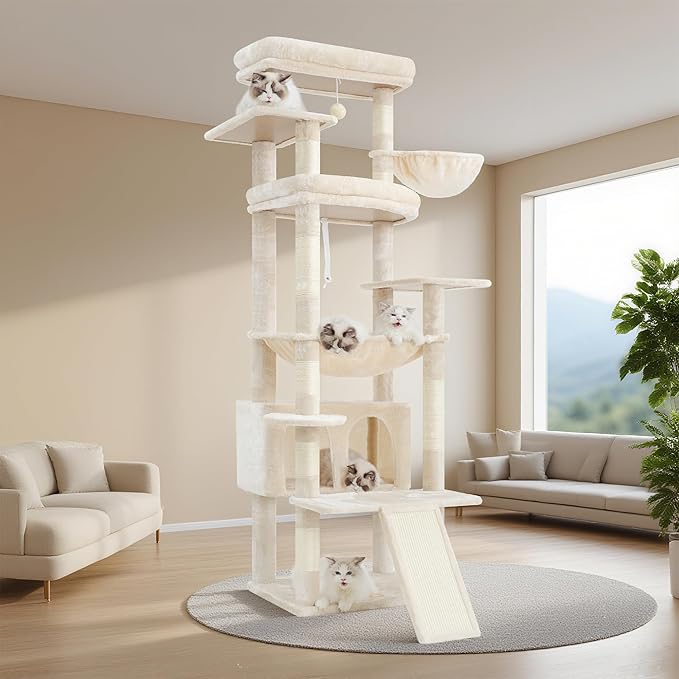 Heybly Tall Cat Tree for Large Cat, 80-inch Multi-Level Cat Tower for Indoor Cats with Large Baseboard, Condo Furniture with 2 Widened Plush Perches,Scratching Board and Big Caves, Beige HCT038M