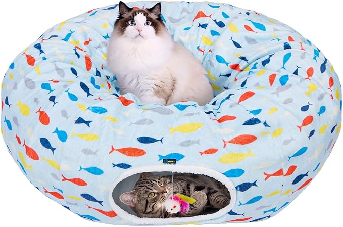 Ownpets Large Cat Tunnel Bed for for All Seasons, Soft Cat Donut Tunnel with Washable Cushion, Round Pet Pet Play Tunnel Toy for Kitten, Puppy, Rabbit, Blue
