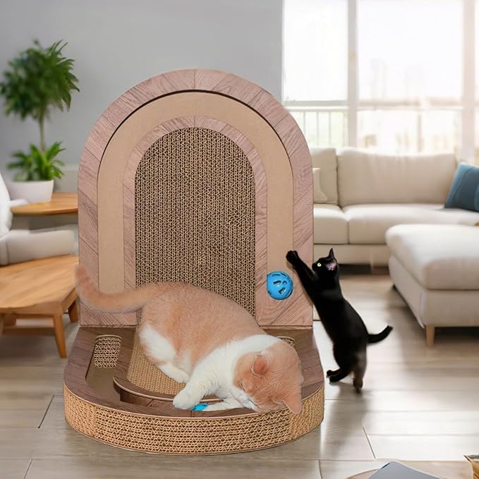 26" Cat Scratcher with Bells, Double Sided Interactive Toy - Encourages Healthy Scratching for Indoor Cats, Use on Floor, Wall or Couch