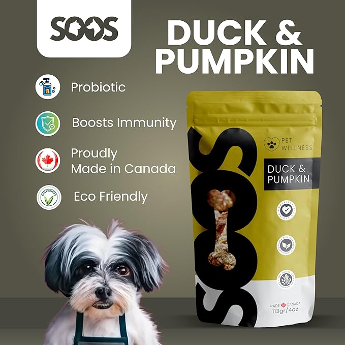 SOOS Natural Duck and Pumpkin Treats for Dogs & Cats - High Protein, Grain Free, Vitamin Minerals, Healthy Training Treats - 113g