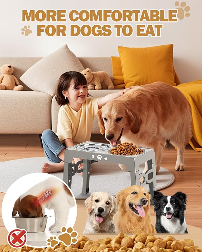 Elevated Dog Bowls, Dog Feeder with 2 Stainless Steel Dishes &1 Slow Feeder Bowl, 5 Heights Adjustable Raised Stand for Medium Large, Food Dishes with Non-Slip Feet