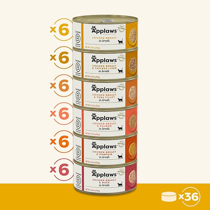 Applaws Natural Wet Canned Cat Food, Made with Limited and Natural Ingreidents, High Protein with No Artificial Additives or Fillers, Chicken Selection in Broth Cans (36 x 2.47oz Cans)