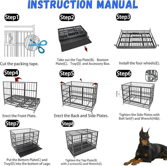 Confote 47 Inch Heavy Duty Dog Crate,High Anxiety Escape-Proof Steel Dog Crate Indestructible Dog Kennel for Medium to Large Dogs, with Lockable Wheels abd Removable Tray