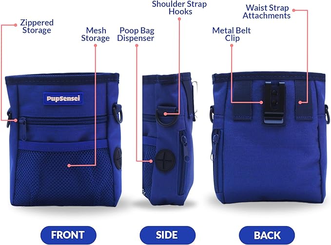 Dog Treat Pouch, Durable Oxford Polyester, No-Spill Magnetic Closure, Treat Pouches for Pet Training with Metal Clip, Waist Belt, Adjustable Strap, Poop Bag Dispenser (Navy Blue)