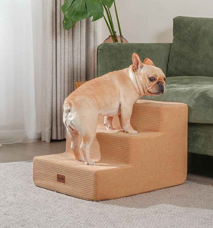 Made4Pets Dog Stairs for Small Dogs, Extra Wide Dog Steps for Bed Couch Sofa and Chair, 35D Foam Pet Steps for Small Dogs and Cats(Up to 40lbs), Non-Slip Bottom Pet Stairs, Tan, 3 Steps