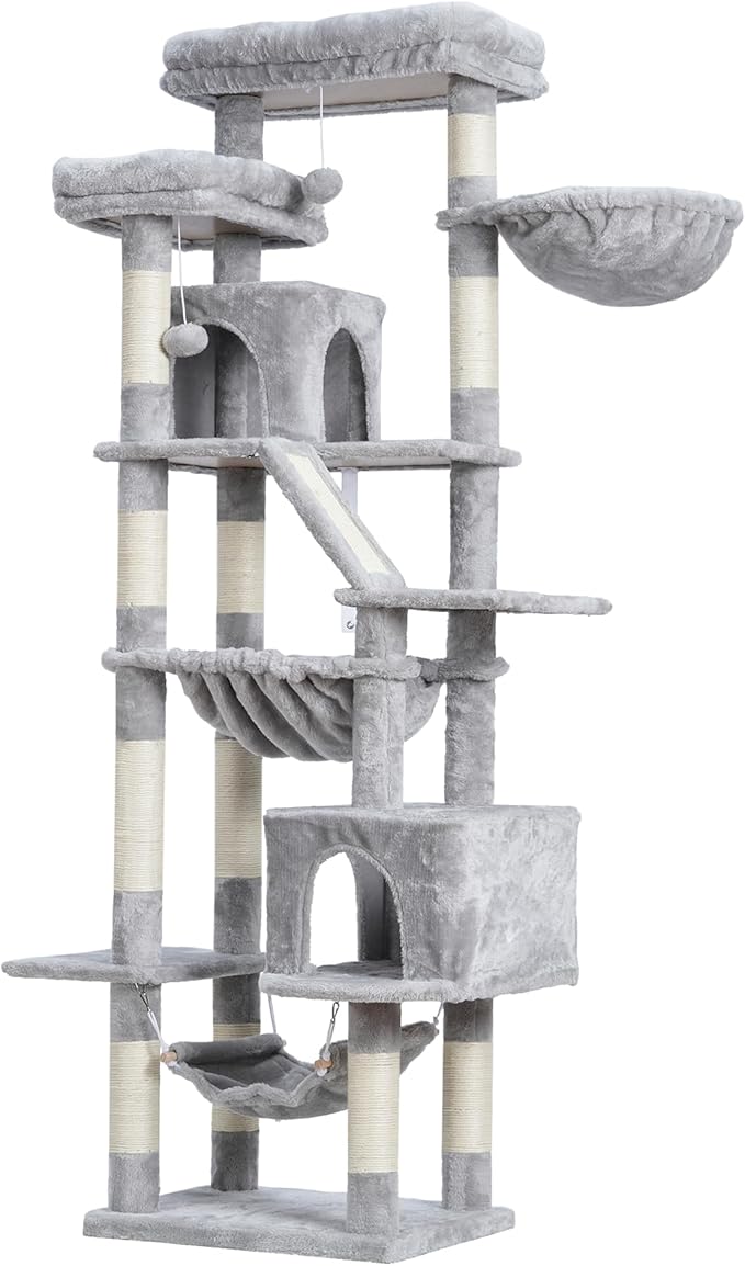 Heybly Cat Tree, 71-Inch-Tall Tower for Indoor Cats with 2 Perches, 2 Big Condos, 2 Hammocks, Basket, Scratching Pad, Large Cat Furniture and Condo, Light Gray HCT034W