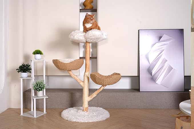 Modern Cat Tree Tower, 45” Wooden Cat Tree for Indoor Cats Large Adult, Real Solid Luxury Cat Condo with Scratching Post for Multi-Cat Households