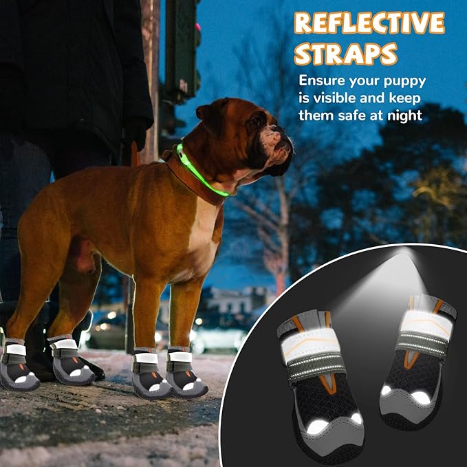 Dog Boots for Large Dogs, Medium Dog Shoes for Hot Pavement, Non- Slip, Waterproof Outdoor Dog Booties with Reflective Strap for Snowy Hardwood Floor Snow Hiking Walking, Size 6