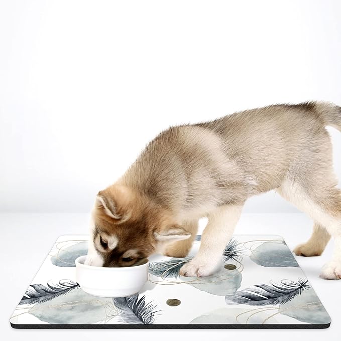 Rnivvi Dog Food Mat, 16" x 24" Absorbent Dog Cat Bowl Mat for Food and Water, Cute Anti-Slip Rubber Pet Feeding Rug Protect Floors, Puppy Placemat for Feeding & Watering Supplies, Abstract Plume