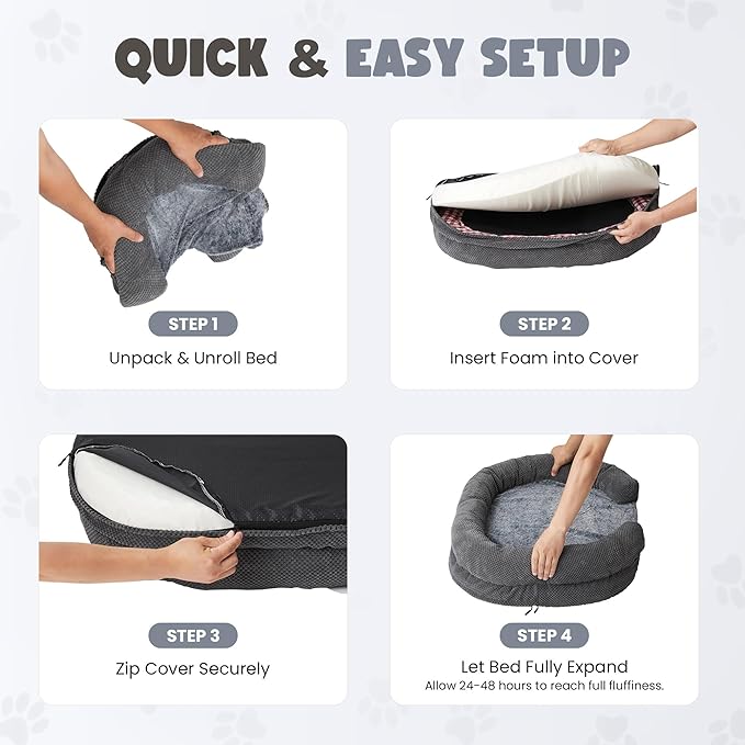 Orthopedic Dog Bed for Large Dogs, Egg Crate Memory Foam Fur Sofa with Comfortable Sides, Soft and Big Dog Couch Bed with Washable Removable Cover and Non-Slip Oval Bottom, 43" Grey