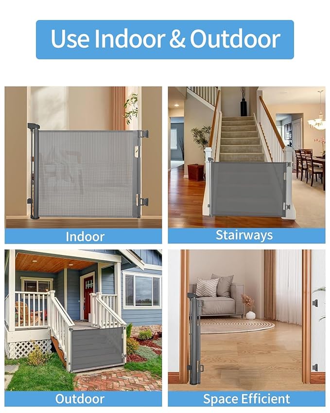 Retractable Baby Gate for Doorways and Stairs, Mesh Safety Gate for Pet, Indoor & Outdoor Use, One-Hand Operation, Easy Installation, 33.6" Tall, Expands to 55" Wide(Grey,33.6"x55"