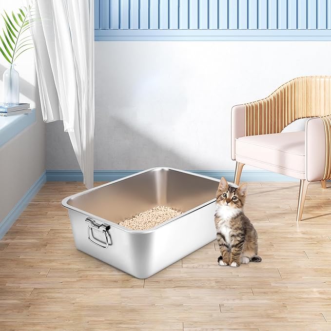 Stainless Steel Litter Box with Handle for Cat and Rabbit, 24" L x 16" W x 6" H, Odor Control Litter Pan, Fold-able Feeding Plate, Non Stick Smooth Surface