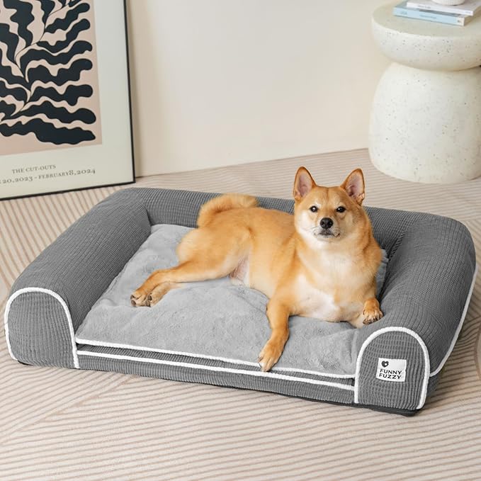 FUNNY FUZZY Orthopedic Dog Bed – Washable Dog Bed with Double Layer Plush Cushion Sofa Style Design with Bolstered Sides for Small Medium & Large Dogs Removable Cover M Size (23.6"x19.7"x6.9") Grey