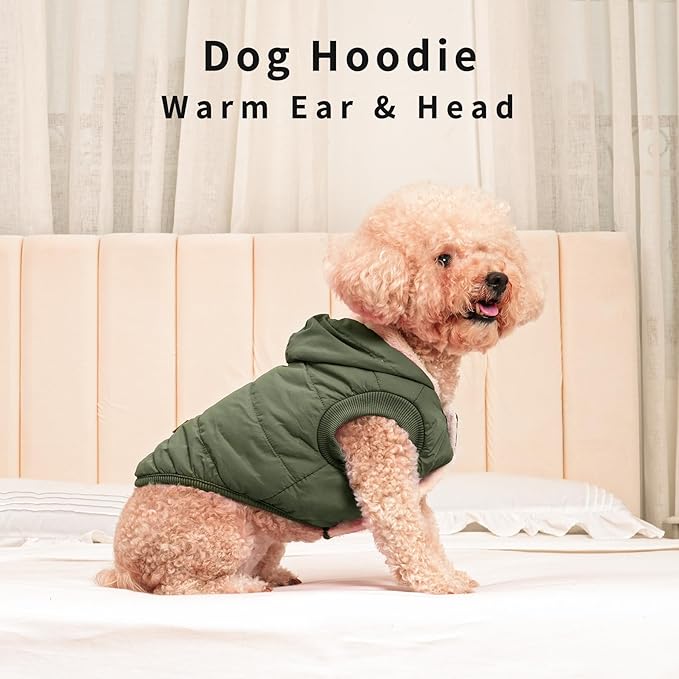Fleece Lining Extra Warm Dog Hoodie in Winter,Small Dog Jacket Puppy Coats with Hooded Green S