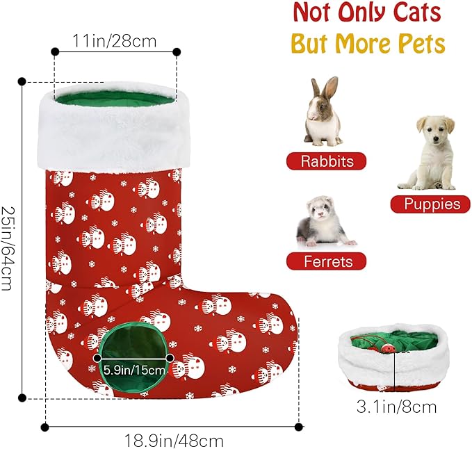 Pawaboo Cat Tunnel Christmas Sock with Bell Balls, Upgraded 2 Way Cat Tunnel Interactive Toy, Pet Xmas Stocking with Crinkle Paper & Strong Spring-Steel Frame for Cat Kitten Kitty, Red Snowman