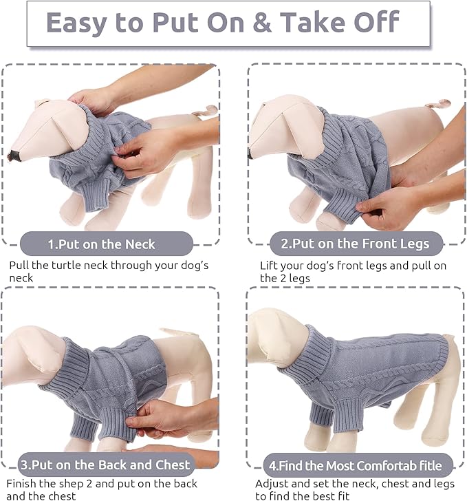 Queenmore Small Dog Pullover Sweater, Cold Weather Cable Knitwear, Classic Turtleneck Thick Warm Clothes for Chihuahua, Bulldog, Dachshund, Pug, Yorkie (Grey, X-Small)