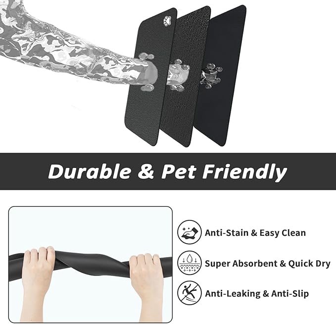Pet Feeding Mat - Absorbent Dog Mat for Food and Water, No Stains Cat Bowl Mat, Easy to Clean Pet Placemats, Quick Dry Dog Water Dispenser Mat for Messy Drinkers | Paw Black 16"x 24"