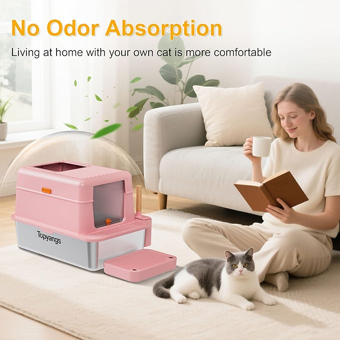 Stainless Steel Litter Box with Lid, 20L Metal Enclosed Litter Box for Big Cat, Flip-Top Design with Anti-Leakage High Sides, Large Cat Lovers Gifts, Pink