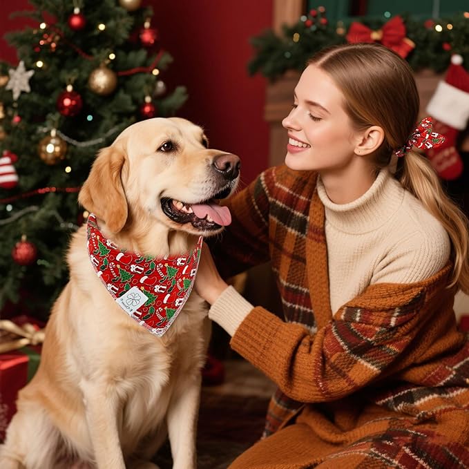 E-Clover Christmas Dog Bandanas & Matching Scrunchie Set Green Red Dog Scarf Bibs Pet Bandana with Bow Tie for Small Dogs Puppy Owner Mom Winter