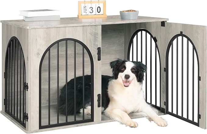 39.4" Wooden Dog Crate Furniture, Indoor Dog Kennel Dogs Cage for Small/Medium/Large Dogs, Heavy Duty Dog Crates Decorative Pet House End Side Table TV Stand, Greige Black DFC84105B