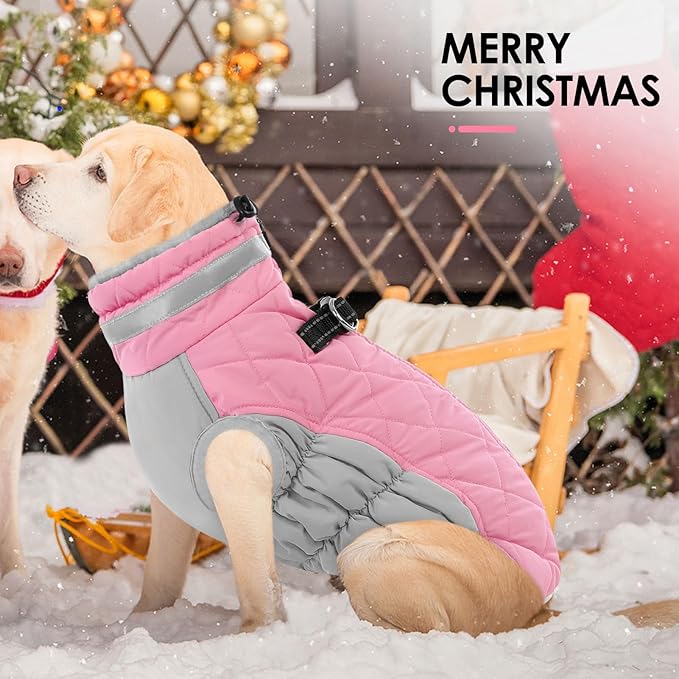 AOFITEE Dog Coat, Warm Dog Jackets for Large Dogs, Reflective Turtleneck Dogs Winter Coat with Harness Built in, Waterproof Windproof Pet Snow Jacket Fleece Vest for Cold Weather, Pink XXL