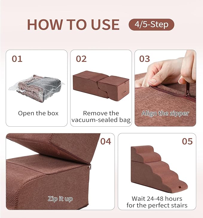 Made4Pets Dog Stairs Ramp for Bed, 4-Step Dog Steps for High Bed Couch Sofa Climbing, 35D Foam Pet Steps for Small Dogs and Cats, Non-Slip Bottom Pet Stairs, Brown
