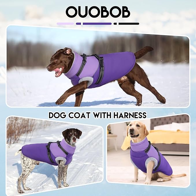 Large Dog Jacket - Built-in Harness, Waterproof & Windproof, Fleece Lined, Perfect for Snow & Winter