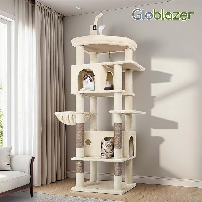 Globlazer Large Cat Tree Tower, Tall Cat Tree Condos for Indoor Cats Large Adult Cat Climbing Tower with 2 Spacious Caves, Oversized Top Perch, Big Hanging Basket, Cat Teaser Wand, F74B, Beige