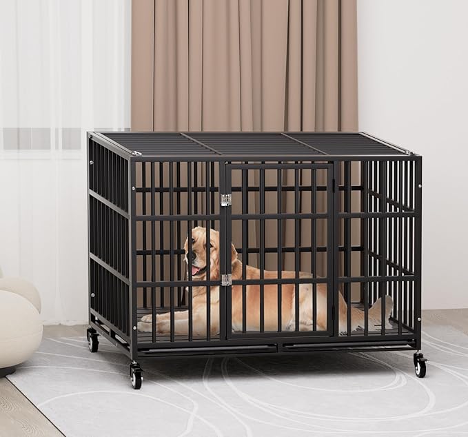 38 Inch Heavy Duty Dog Crate with Wheels,Indestructible Escape-Proof Dog Cage for Large Dogs, Extra Large XL XXL Indestructible Dog Crate with Removable Tray.