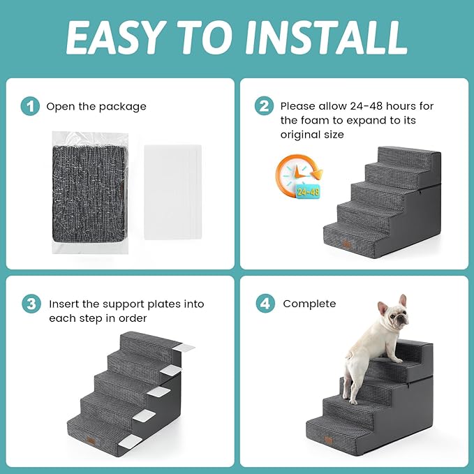 Dog Stairs for Small Dogs, 5 Tier Removable Wider Pet Stairs for Couch and Bed, 23.6" H Non-Slip Dog Steps for Puppies and Old Cats with Support Board, 19.7x29.5x23.6 inch, Dark Grey