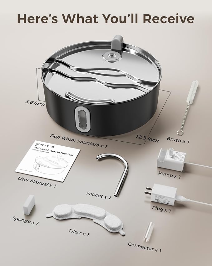 Dog Water Fountain for Large Dogs 7L/236oz Stainless Steel Dog Water Bowl Dispenser Automatic Pet Water Fountain, Multi-Filtration Pet Fountain with Ultra-Quiet Pump (Black)