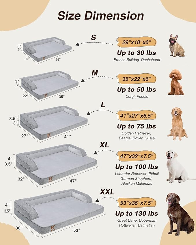 KSIIA Washable Dog Bed Medium Size Dog U-Shaped Bolster Pet Couch with Removable Waterproof Cover, Non-Slip Bottom and Egg-Crate Orthopedic Foam Pet Bed, 35 x 22 Inch, Gray