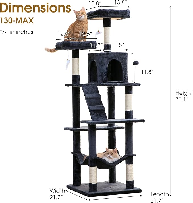 MWPO 70.1-Inch Large Cat Tree, Multi-Level Tall Cat Tower for Indoor Cats, Plush Cat Condo with Big Padded Perches, Sisal-Covered Scratching Posts, Hammock, Toys for Kittens & Cats - Smoky Grey