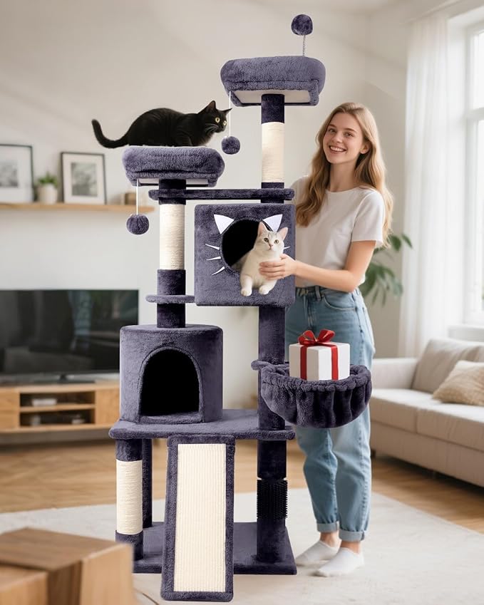 66in Multi-Level Large Cat Tree Tower for Indoor Cat/Kitties, Mordern Cat Tower with Sisal Scratching Posts, Condos and Hammock, Perches, Ramp for Climbing Heavy Duty