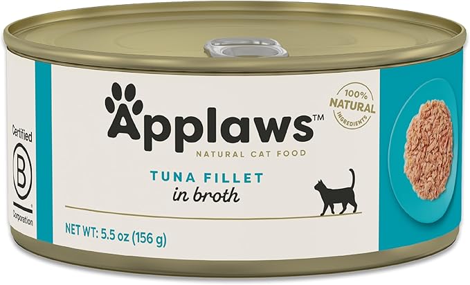 Applaws Natural Wet Cat Food in Broth, Limited and Natural Ingredients, High Protein with No Artificial Additives, Tuna Fillet in Broth (6 x 5.5oz Cans)