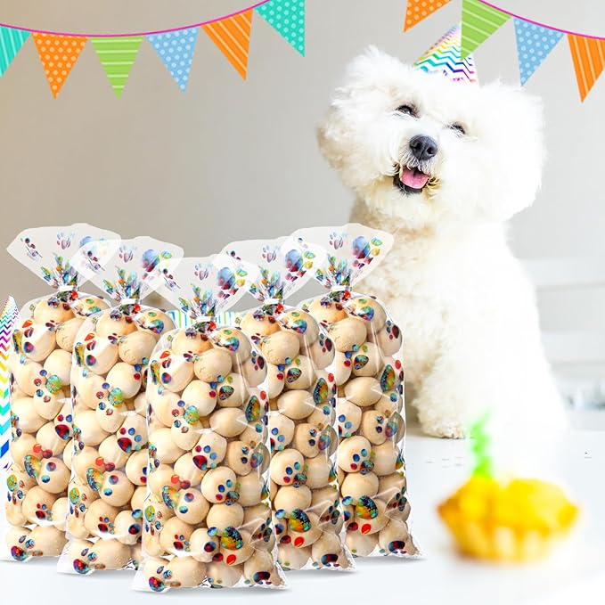 Blulu 100 Pieces Dog Treat Bags Puppy Party Favor Pet Paw Cone Cellophane Bags Candy Heat SealableDog Paw Gift with 100 Pieces Silver Twist Ties for Pet Cat Treat Party Favor(Rainbow Color)