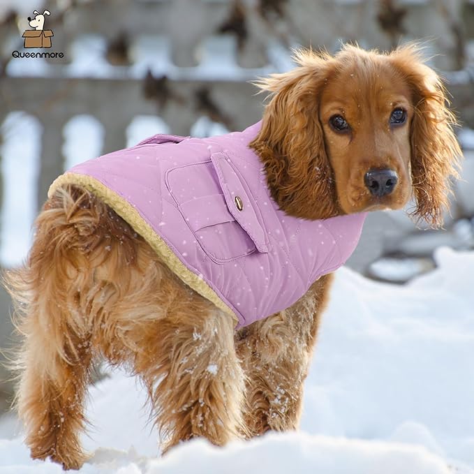 Queenmore Warm Dog Coat, Cold Weather Puffer Dog Coat Vest, Quilting Winter Pet Jacket Ultra Thick Plush Fleece Lining Pet Clothes for Dogs with Storage Pockets (Lilac, Medium)