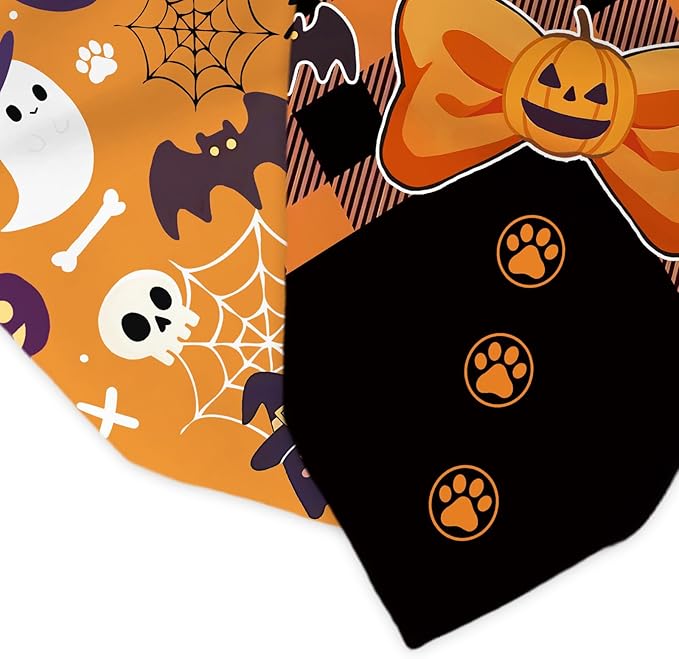 Halloween Dog Bandanas 2 Pcs, Pet Scarf for Dog Girl Boy, Spooky Triangle Puppy Scarf Kerchief Bandana Pet Dogs On Halloween, Ghost Pumpkin Bat Print Gifts for Dogs Lovers (Medium)