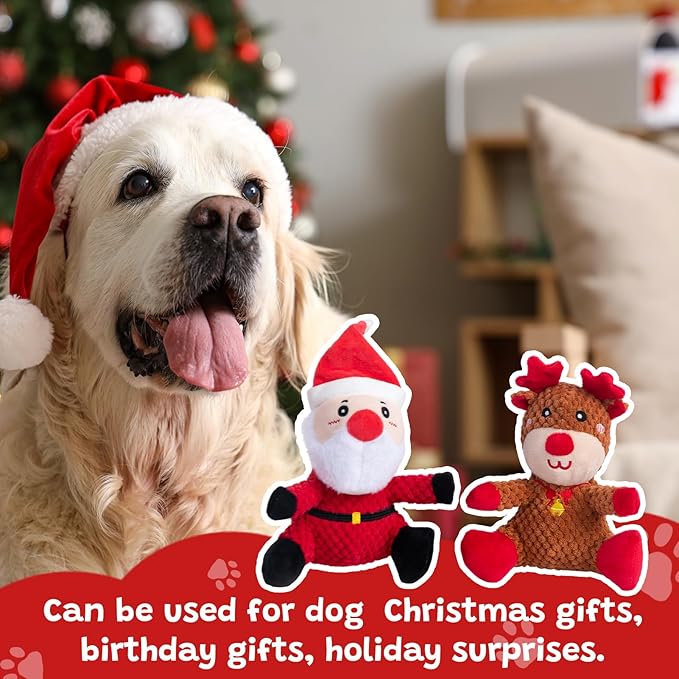 Hollypet Christmas Squeaky Plush Stuffed Durable Dog Toys, Cute Puppy Chew Toys for Small, Medium and Large Breed Dogs,Santa Claus and Christmas Elk