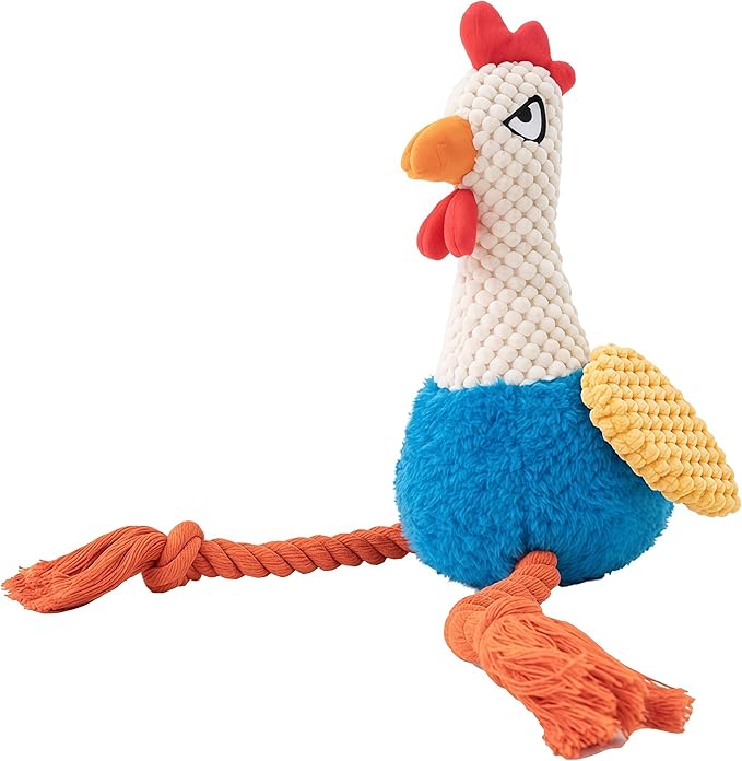Plush Rooster Dog Toy with Squeaker, Interactive Rope Legs, Colorful Textured Chew Toy for Small, Medium Dogs, Tug-of-War, Fetch