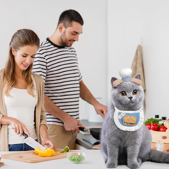 HOWWFALY Cat Halloween Costumes Pet Chef Hat &Hamburger Bib Costume Set, Funny Holiday Cooking Outfit for Small Medium Cats Pets