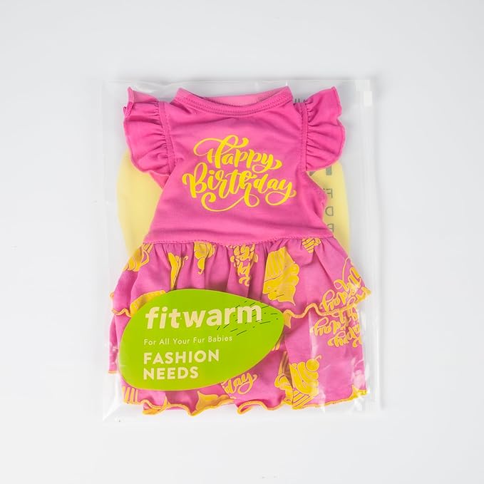 Fitwarm Happy Birthday Dog Tiered Dress, Dog Clothes for Small Dogs Girl, Pet Birthday Outfit, Doggy Apparel, Yellow, Rose Pink, XXS