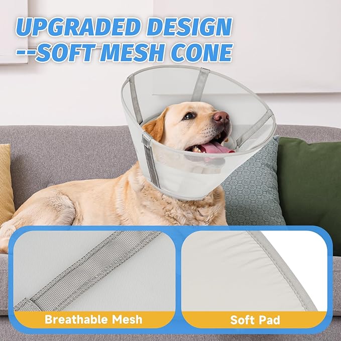 Dog Cone Collar to Stop Licking: Soft Mesh Recovery Collar After Surgery with Detachable Pad, Elizabeth Cone Alternative for Large Medium, Small Dogs, Normal Eating and Drinking (2XL)