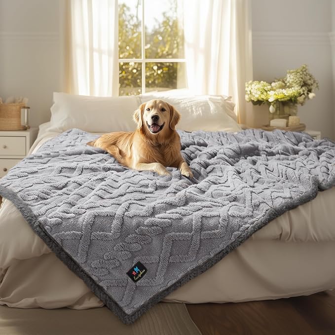 Waterproof Pet Blanket, Liquid Pee Proof Dog Blanket for Sofa Bed Couch, Reversible Sherpa Fleece Furniture Protector Cover for Small Medium Large Dogs Cats, Light Grey Queen Size(90" x 82")
