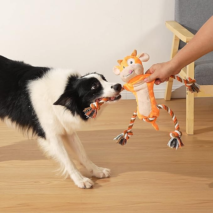 Dog Toys, Tug of War Dog Toys for Large Breed, Cute Squeaky Interactive Dogs Toy with Crinkle Paper, Plush Puppy Chew Toy for Small, Middle, Big Dogs (Cow-SS)
