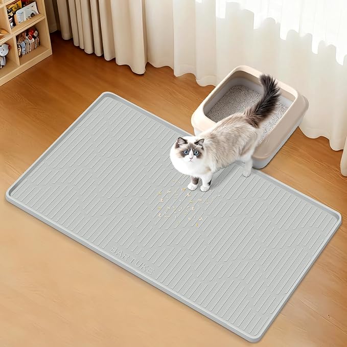 Silicone Cat Litter Mat, 27" x 27" Large Cat Litter Box Mat Litter Trapping Mat for Scatter Control, Waterproof, Soft on Kitty Paws, Clean Floor (Grey)