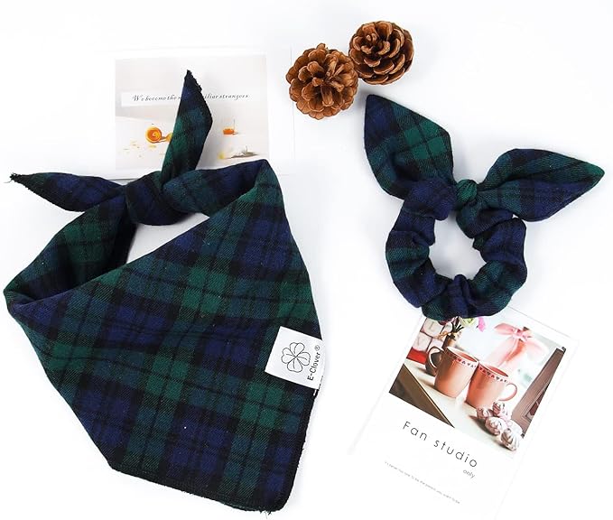 E-Clover Christmas Dog Bandanas Boy & Matching Scrunchie Set Plaid Dog Scarf Kerchief for Medium Large Dog Pet Bandana Owner Gifts Blue Green Fall