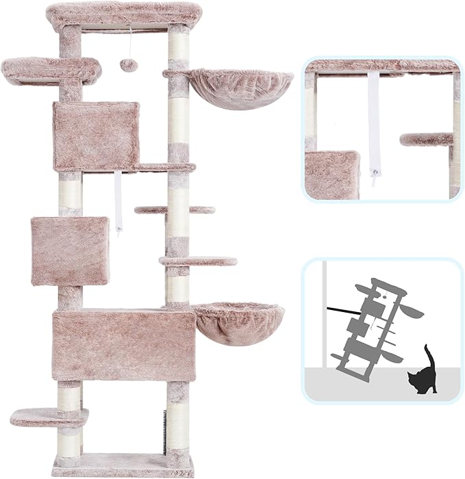 Hey-brother Cat Tree, 74 inches Multi-Level XL Large Cat Tower for Indoor Cats with Three Cat Condos, Two Large Top Decks and Cat Hairbrushfor Kittens, Cats and Pets,Muchroom MPJ035-MMU