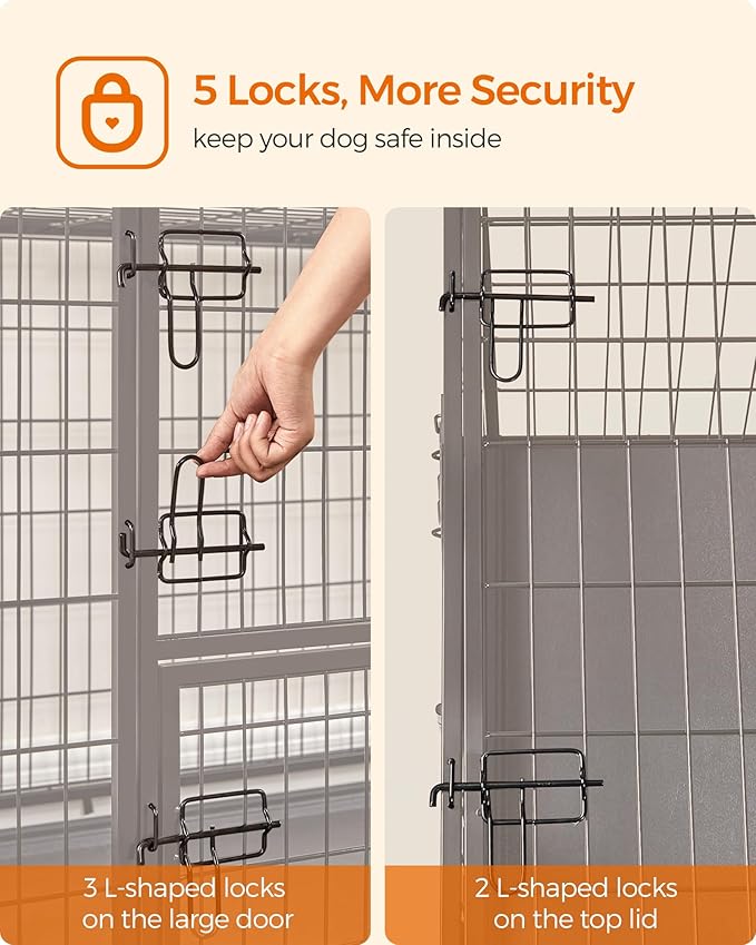 Feandrea 48 Inch Heavy Duty Dog Crate, Metal Escape Proof Dog Kennel with Double Doors and Convenient Feeding Door, Removable Tray, Easy to Clean, XXL Dog Crate for Large and Medium Dogs, Black